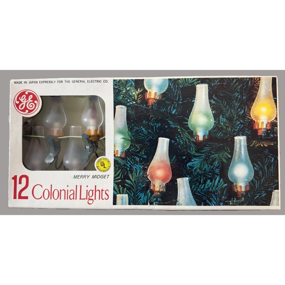 Vintage 1960s GE Merry Midget Colonial Hurricane Lamp 12 Light Set NOS Box Japan